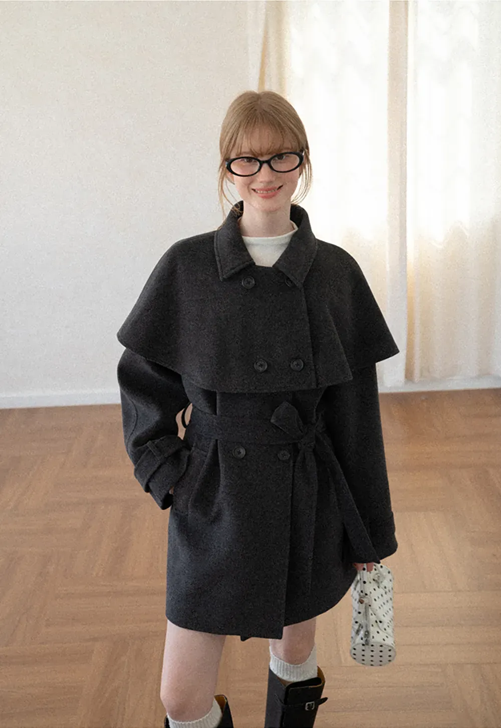 Cape Collar Double Breasted Wool Coat