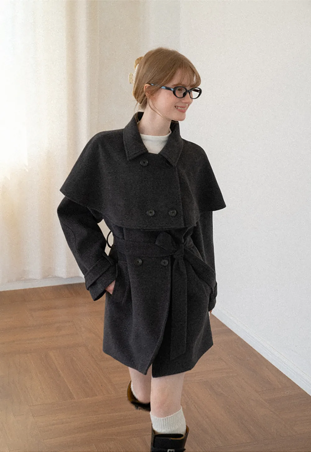 Cape Collar Double Breasted Wool Coat