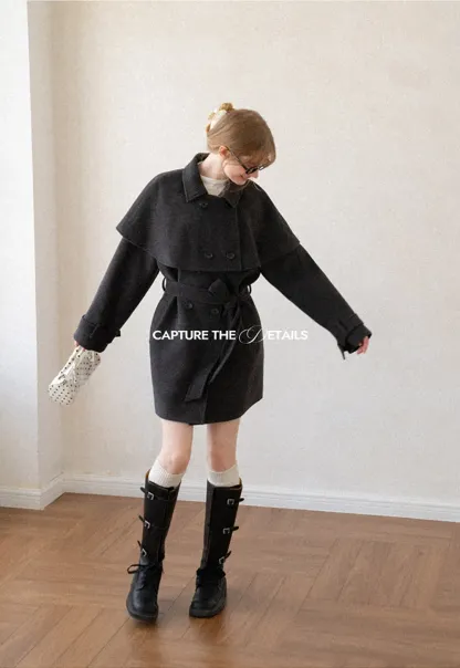 Cape Collar Double Breasted Wool Coat