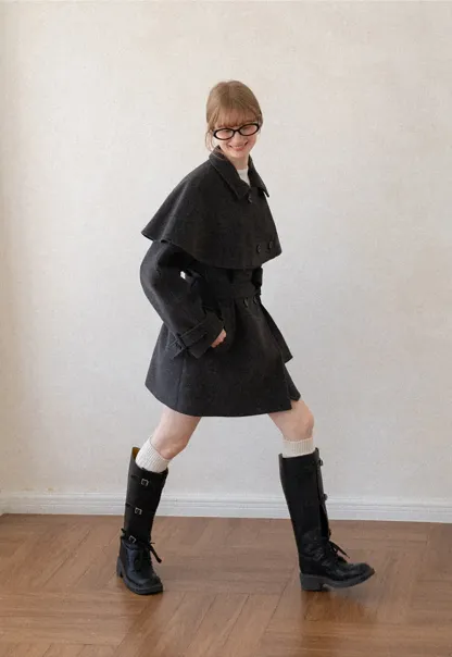 Cape Collar Double Breasted Wool Coat