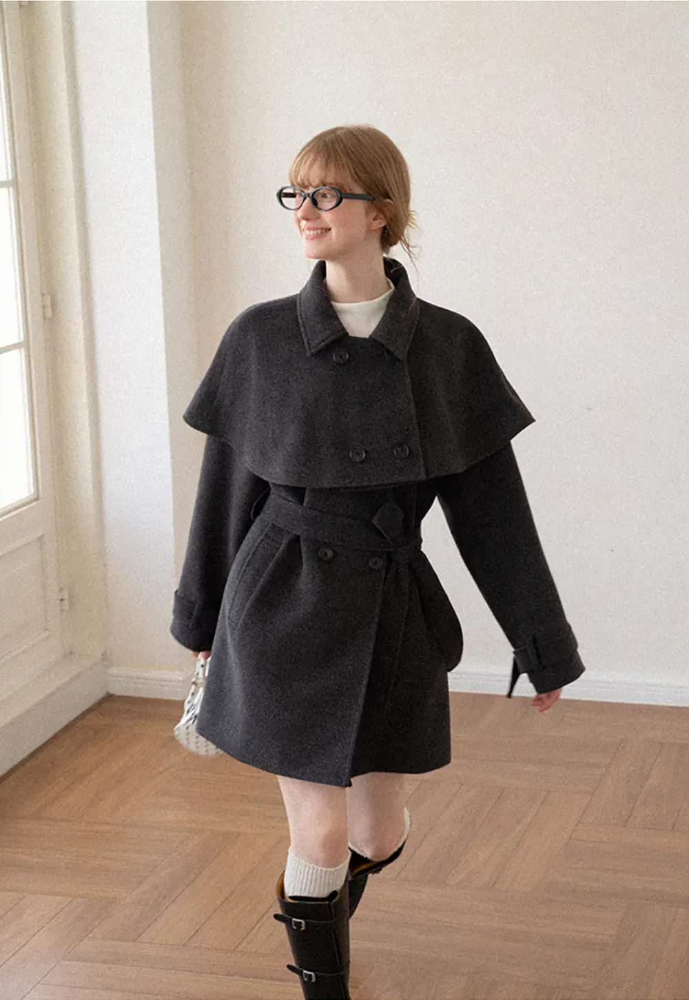 Cape Collar Double Breasted Wool Coat