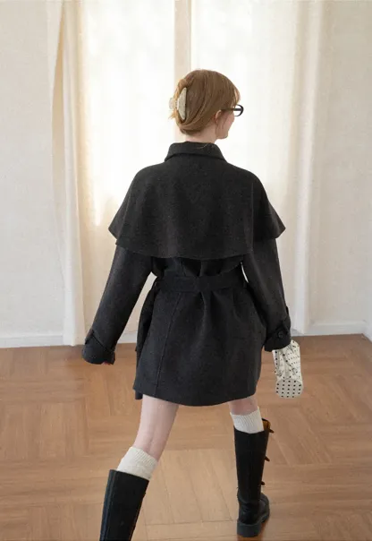 Cape Collar Double Breasted Wool Coat