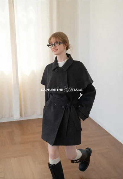 Cape Collar Double Breasted Wool Coat