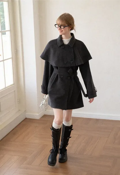 Cape Collar Double Breasted Wool Coat
