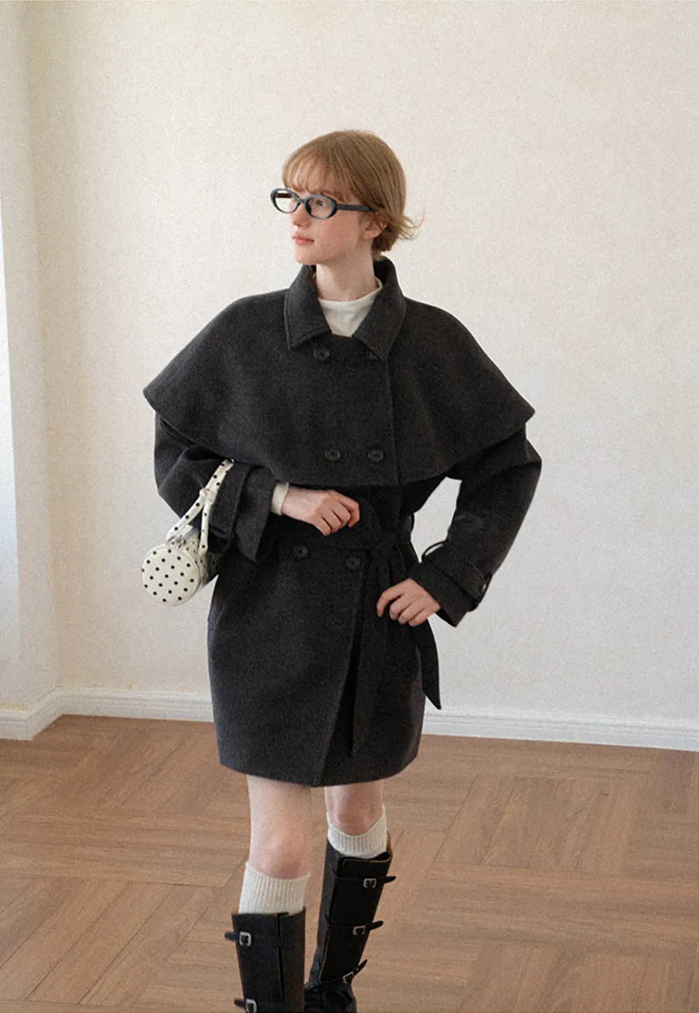 Cape Collar Double Breasted Wool Coat