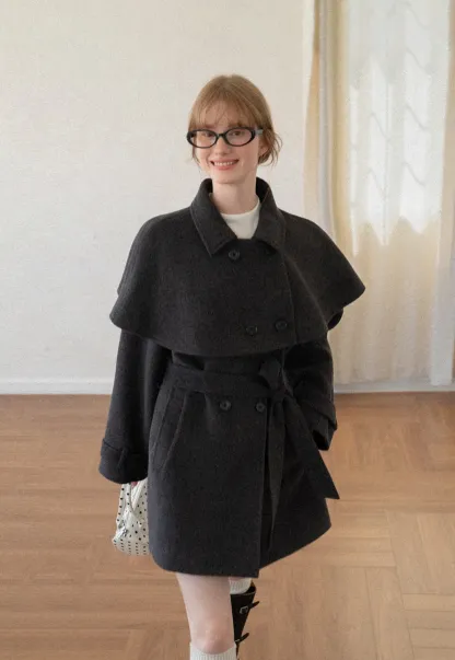 Cape Collar Double Breasted Wool Coat