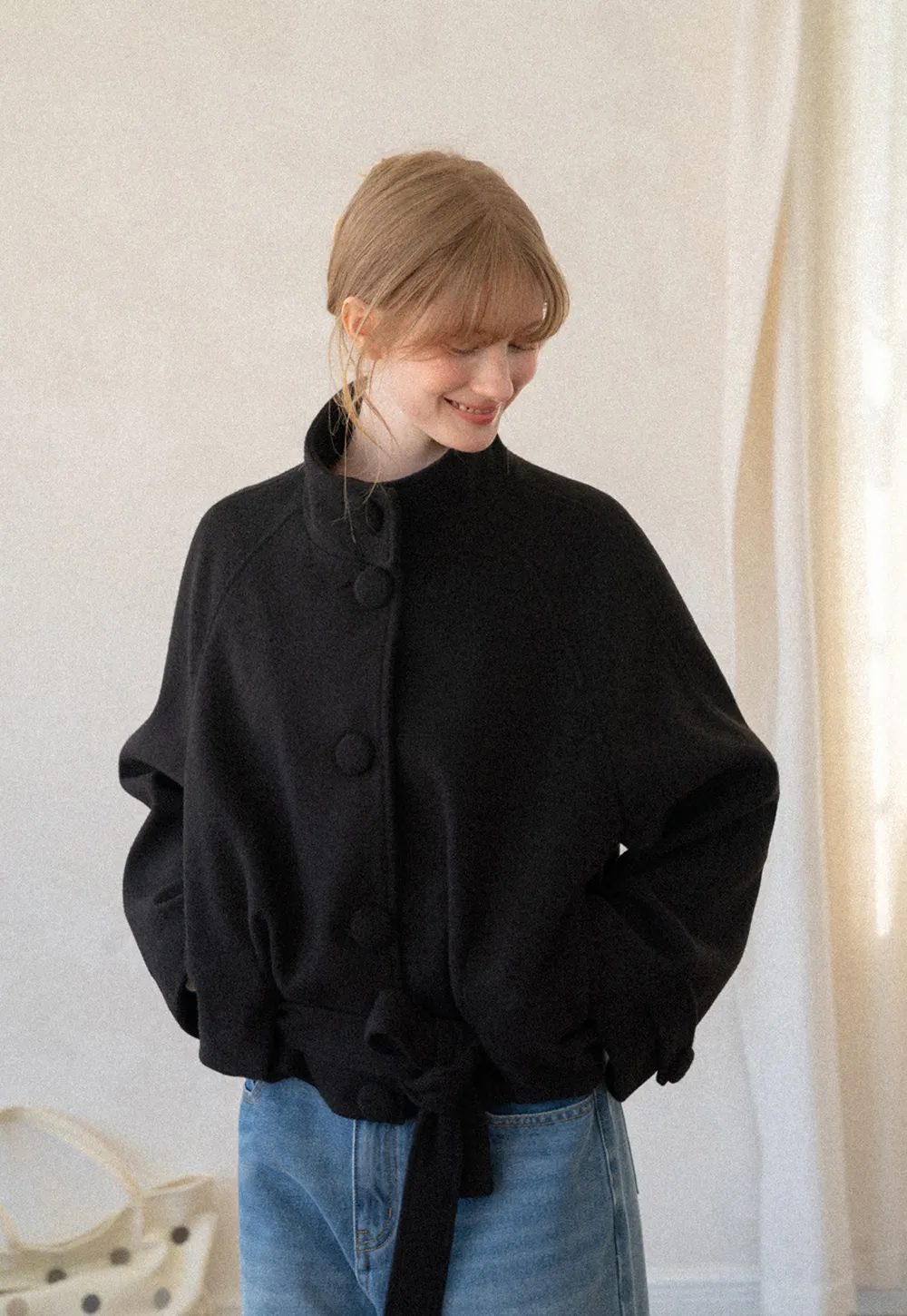 Oversized Wool Coat with Stand Collar and Tie Waist