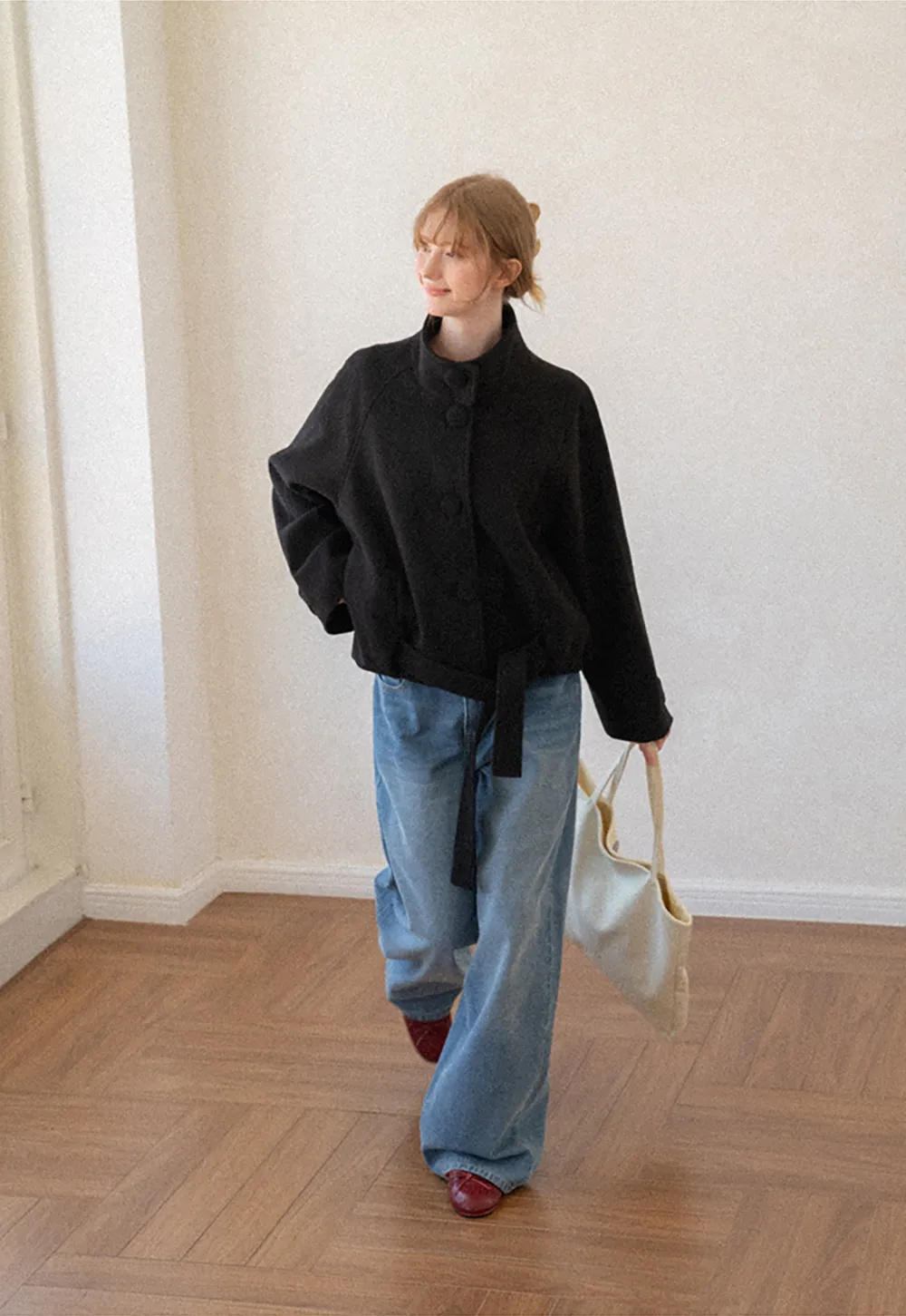 Oversized Wool Coat with Stand Collar and Tie Waist