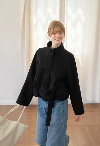 Oversized Wool Coat with Stand Collar and Tie Waist