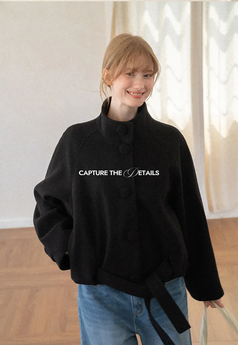 Oversized Wool Coat with Stand Collar and Tie Waist