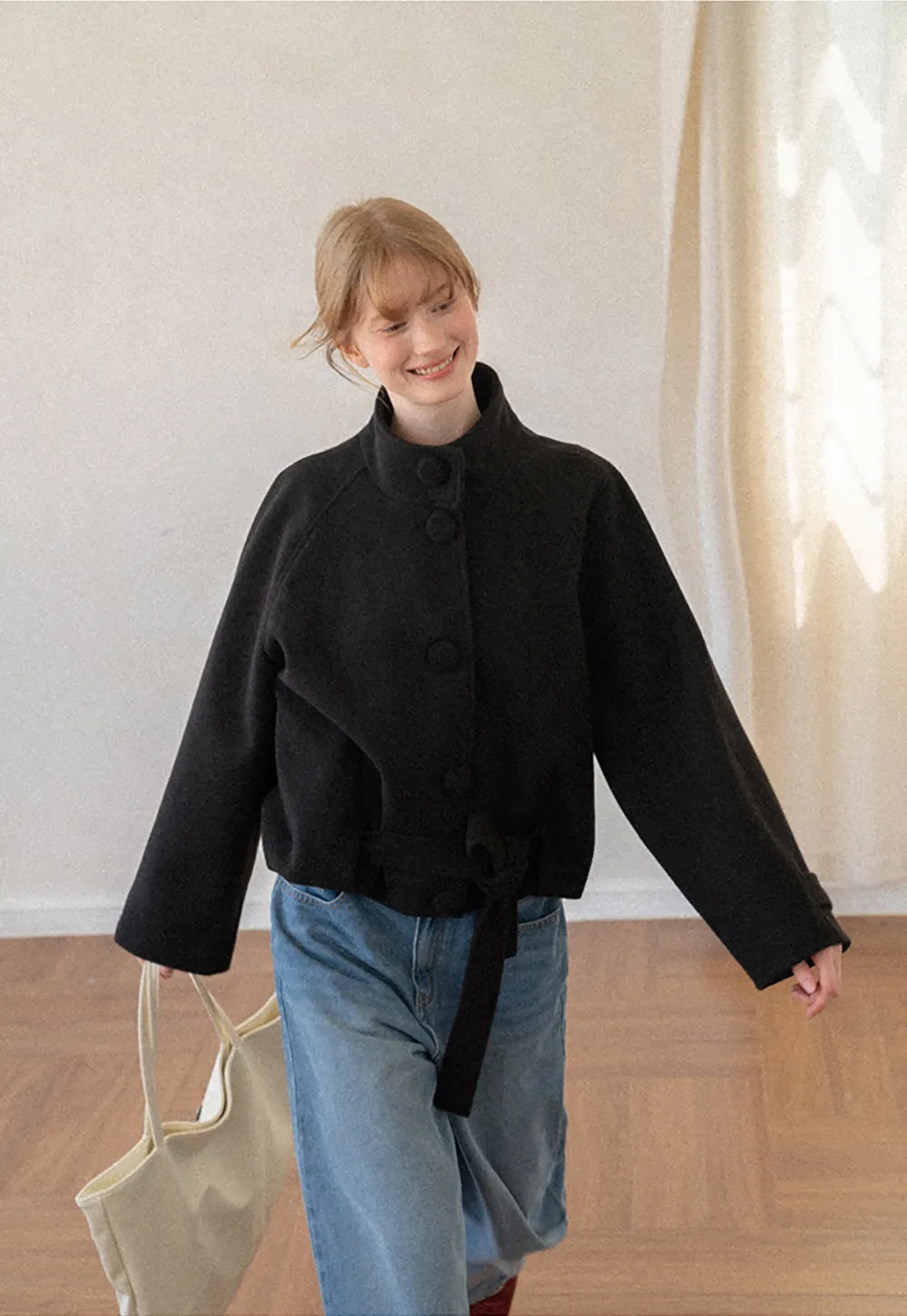 Oversized Wool Coat with Stand Collar and Tie Waist