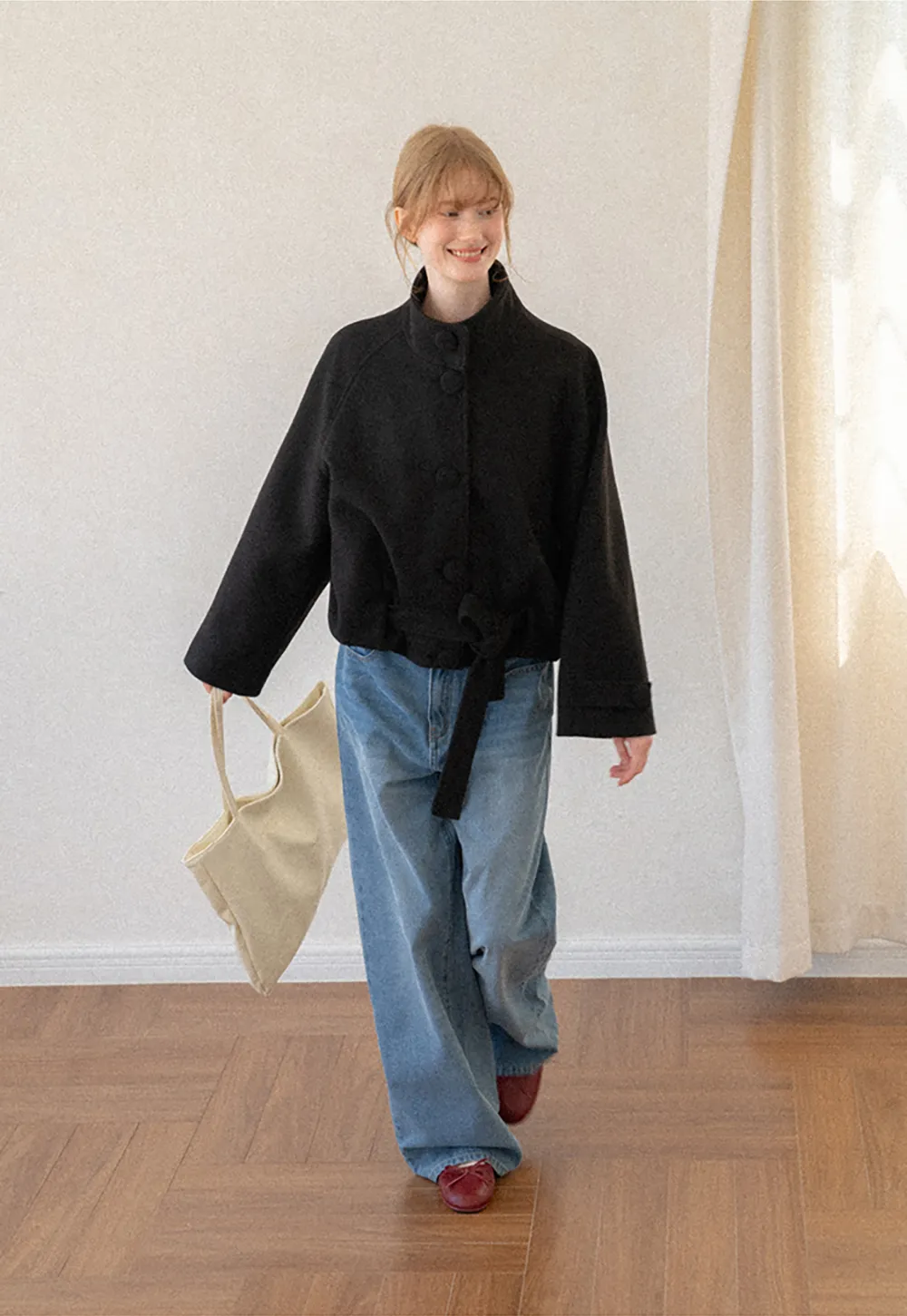 Oversized Wool Coat with Stand Collar and Tie Waist