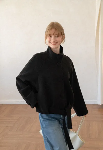 Oversized Wool Coat with Stand Collar and Tie Waist