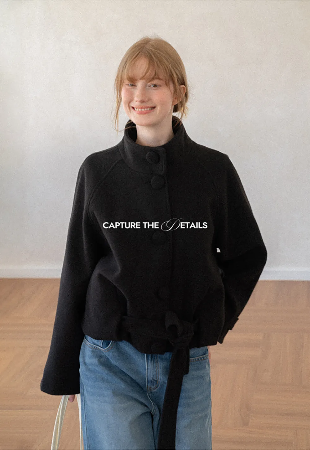 Oversized Wool Coat with Stand Collar and Tie Waist