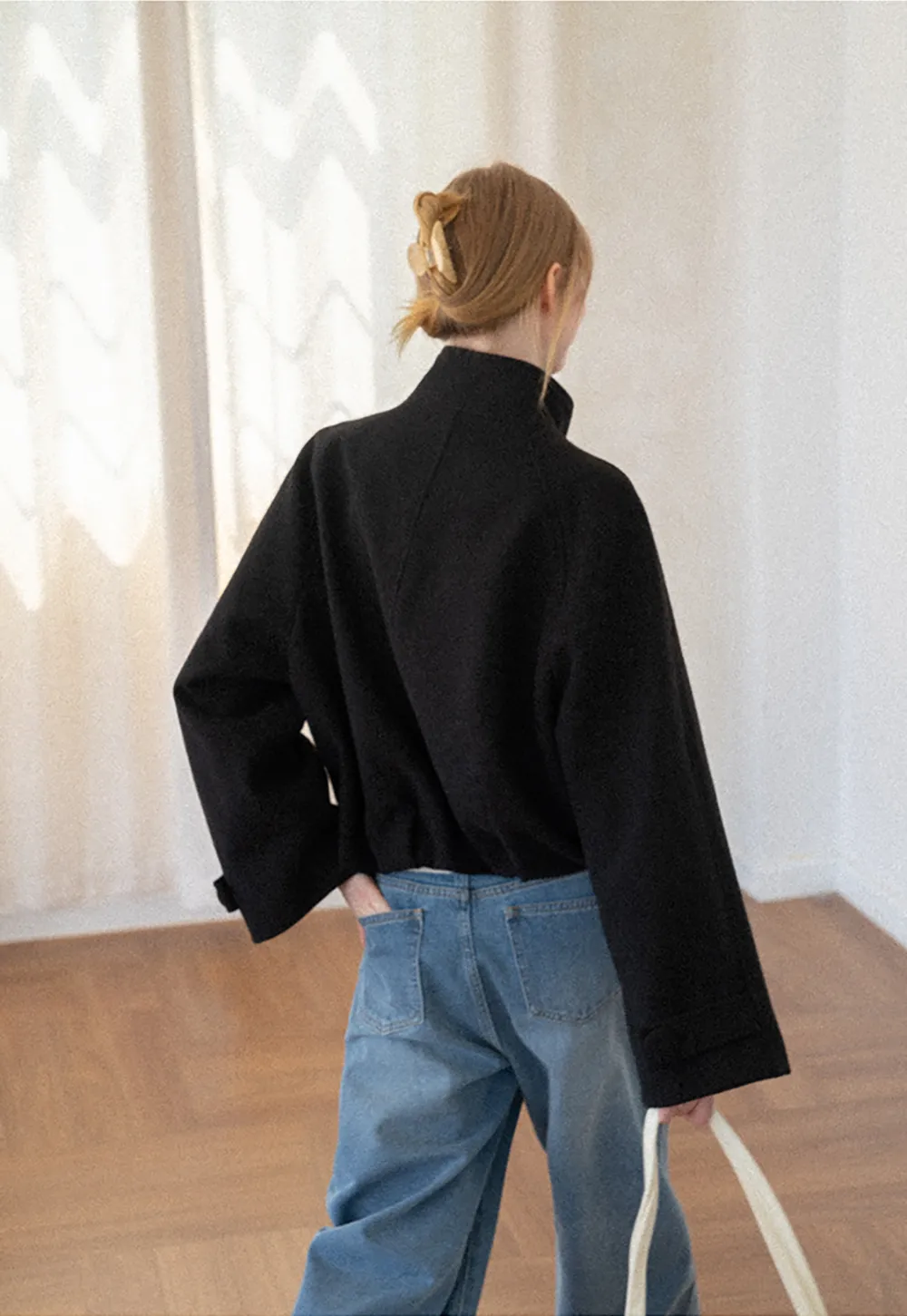 Oversized Wool Coat with Stand Collar and Tie Waist