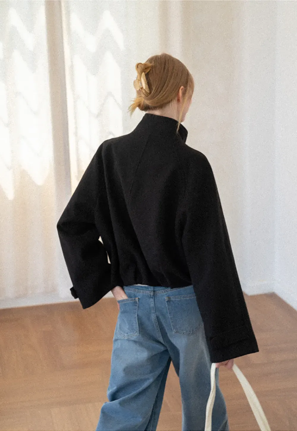 Oversized Wool Coat with Stand Collar and Tie Waist