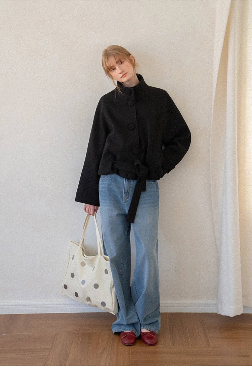 Oversized Wool Coat with Stand Collar and Tie Waist