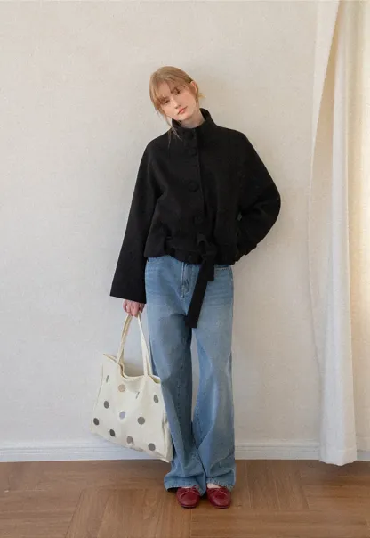 Oversized Wool Coat with Stand Collar and Tie Waist