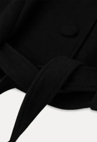 Oversized Wool Coat with Stand Collar and Tie Waist
