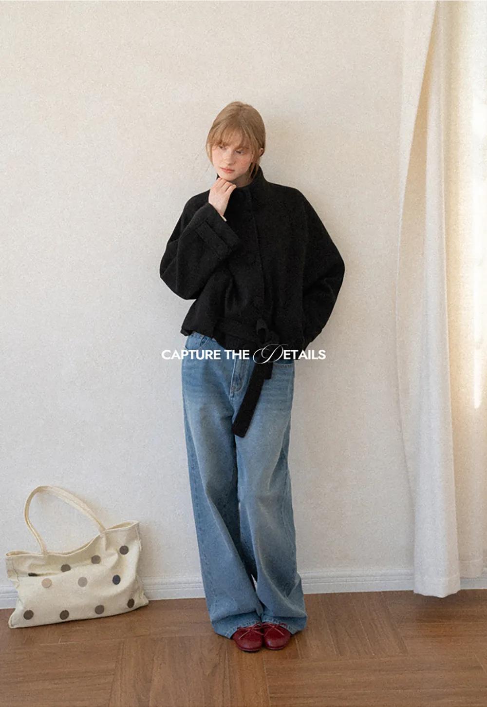 Oversized Wool Coat with Stand Collar and Tie Waist