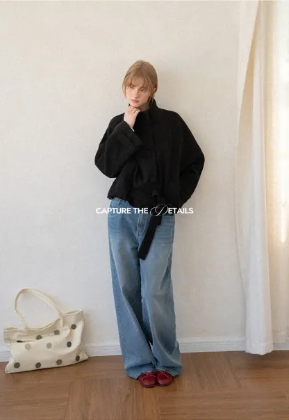 Oversized Wool Coat with Stand Collar and Tie Waist
