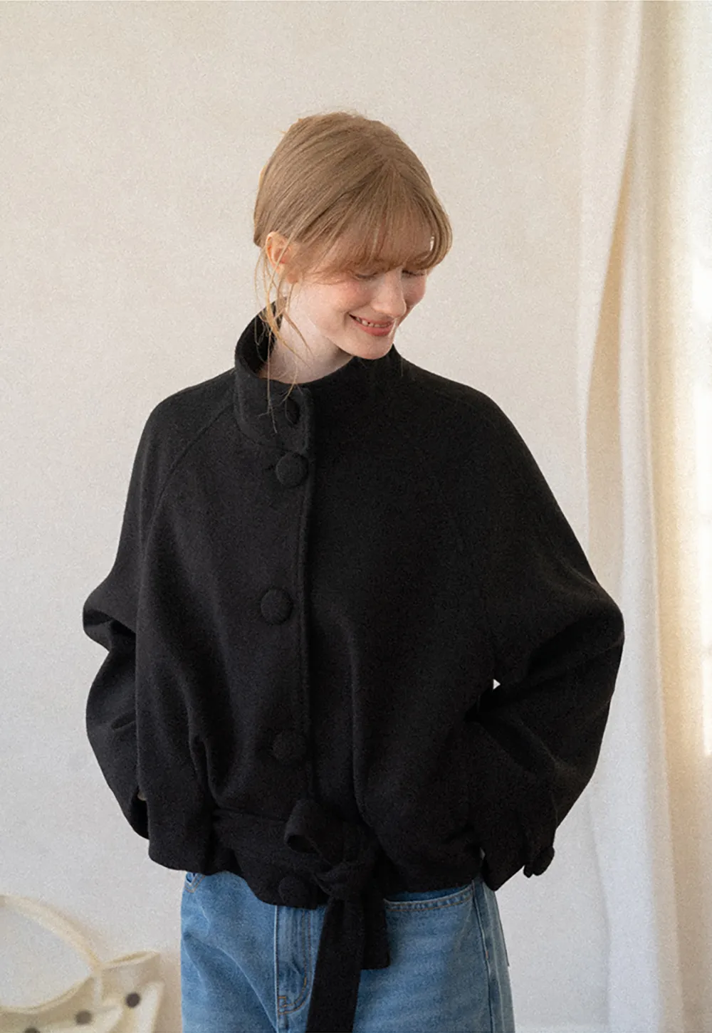 Oversized Wool Coat with Stand Collar and Tie Waist