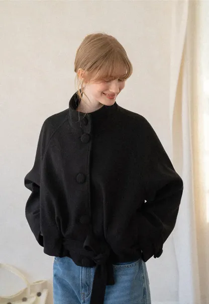 Oversized Wool Coat with Stand Collar and Tie Waist