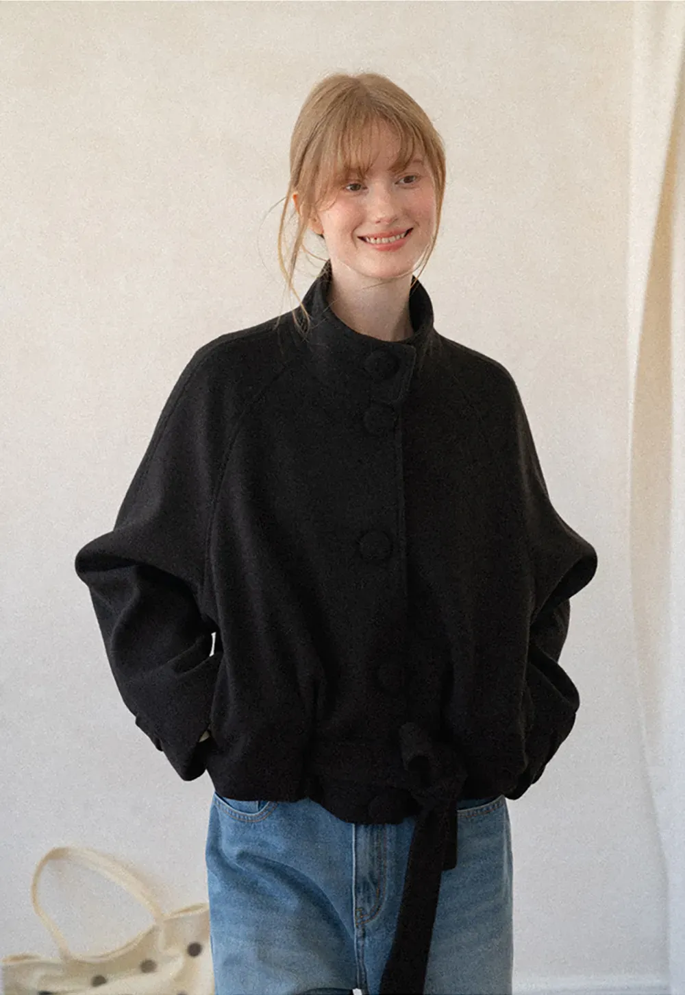Oversized Wool Coat with Stand Collar and Tie Waist