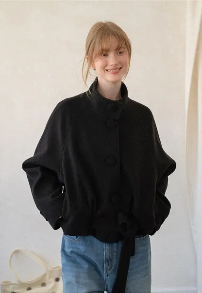Oversized Wool Coat with Stand Collar and Tie Waist