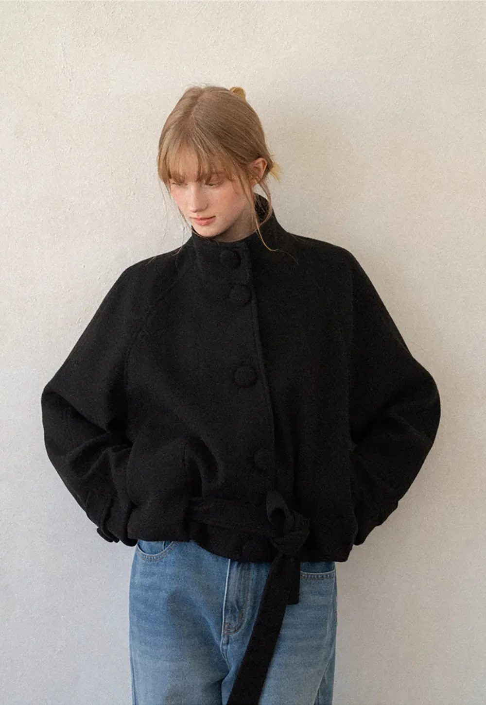 Oversized Wool Coat with Stand Collar and Tie Waist
