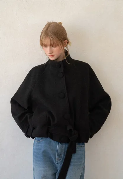 Oversized Wool Coat with Stand Collar and Tie Waist