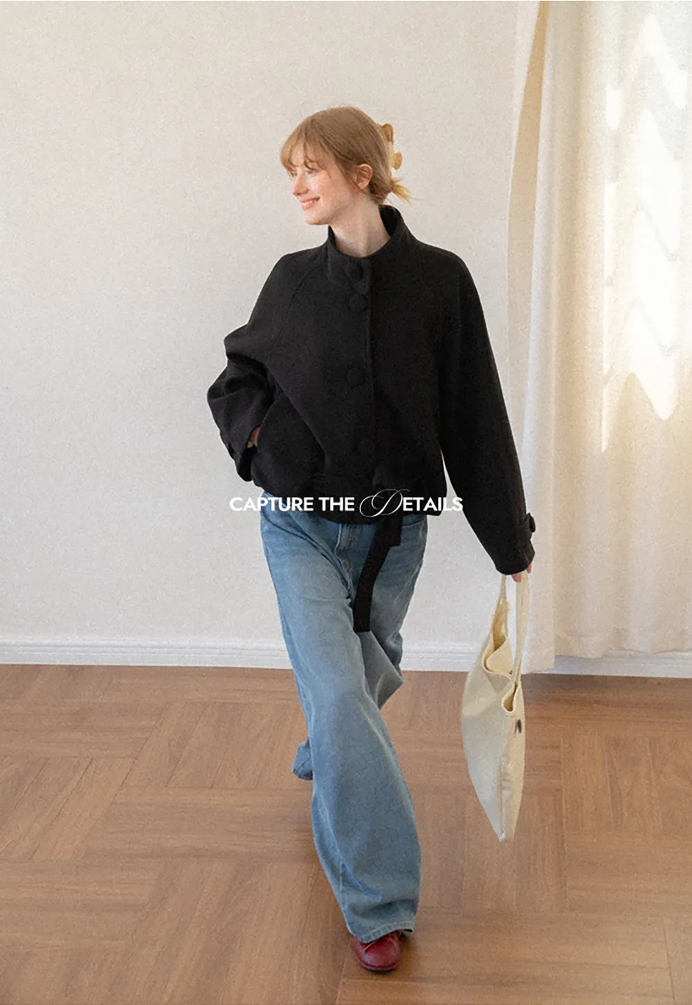Oversized Wool Coat with Stand Collar and Tie Waist
