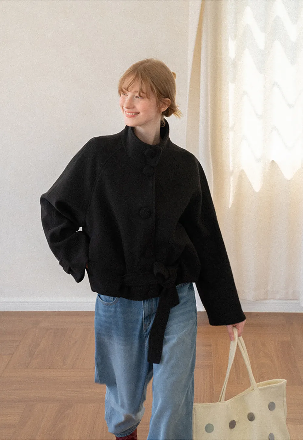 Oversized Wool Coat with Stand Collar and Tie Waist