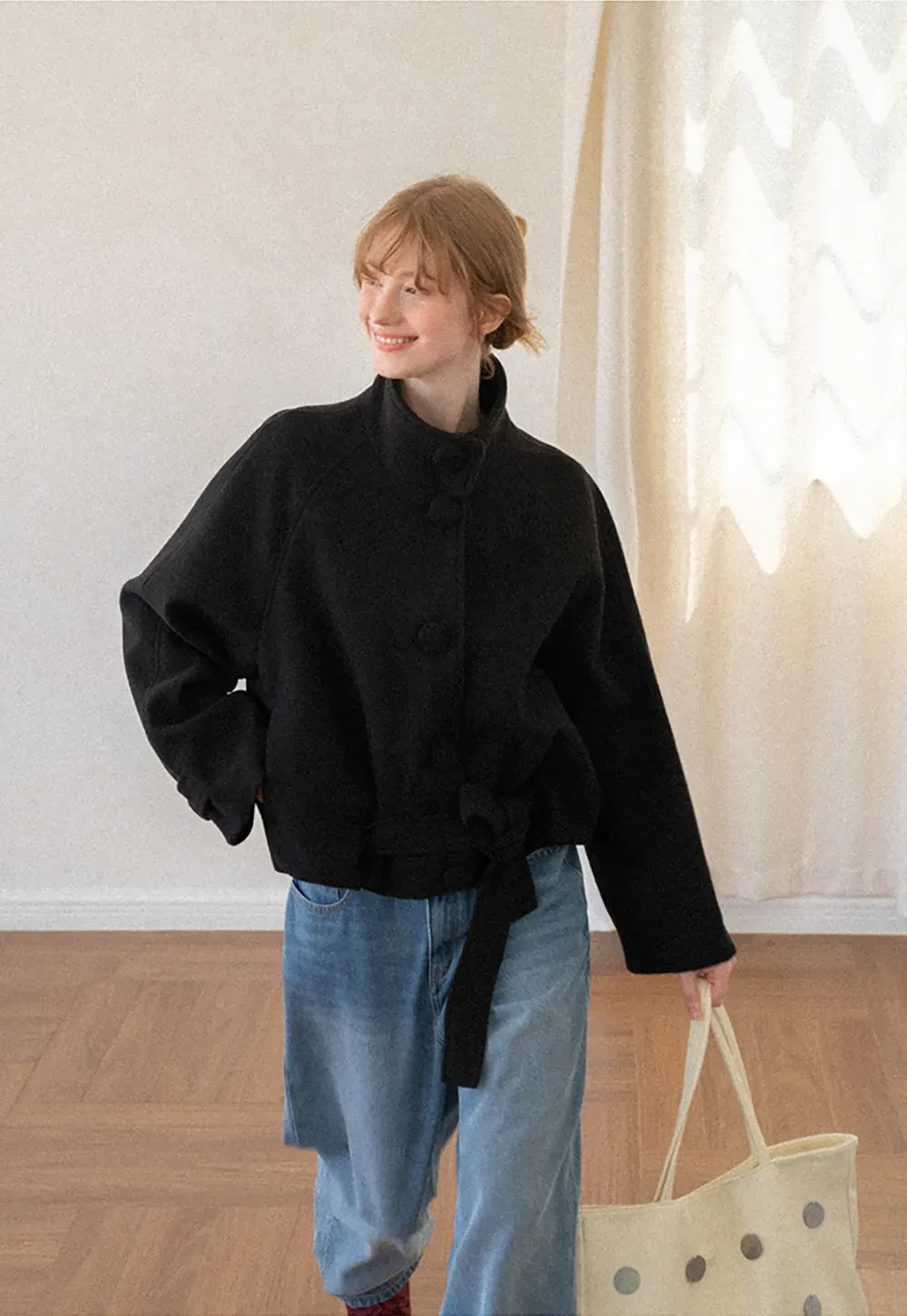 Oversized Wool Coat with Stand Collar and Tie Waist