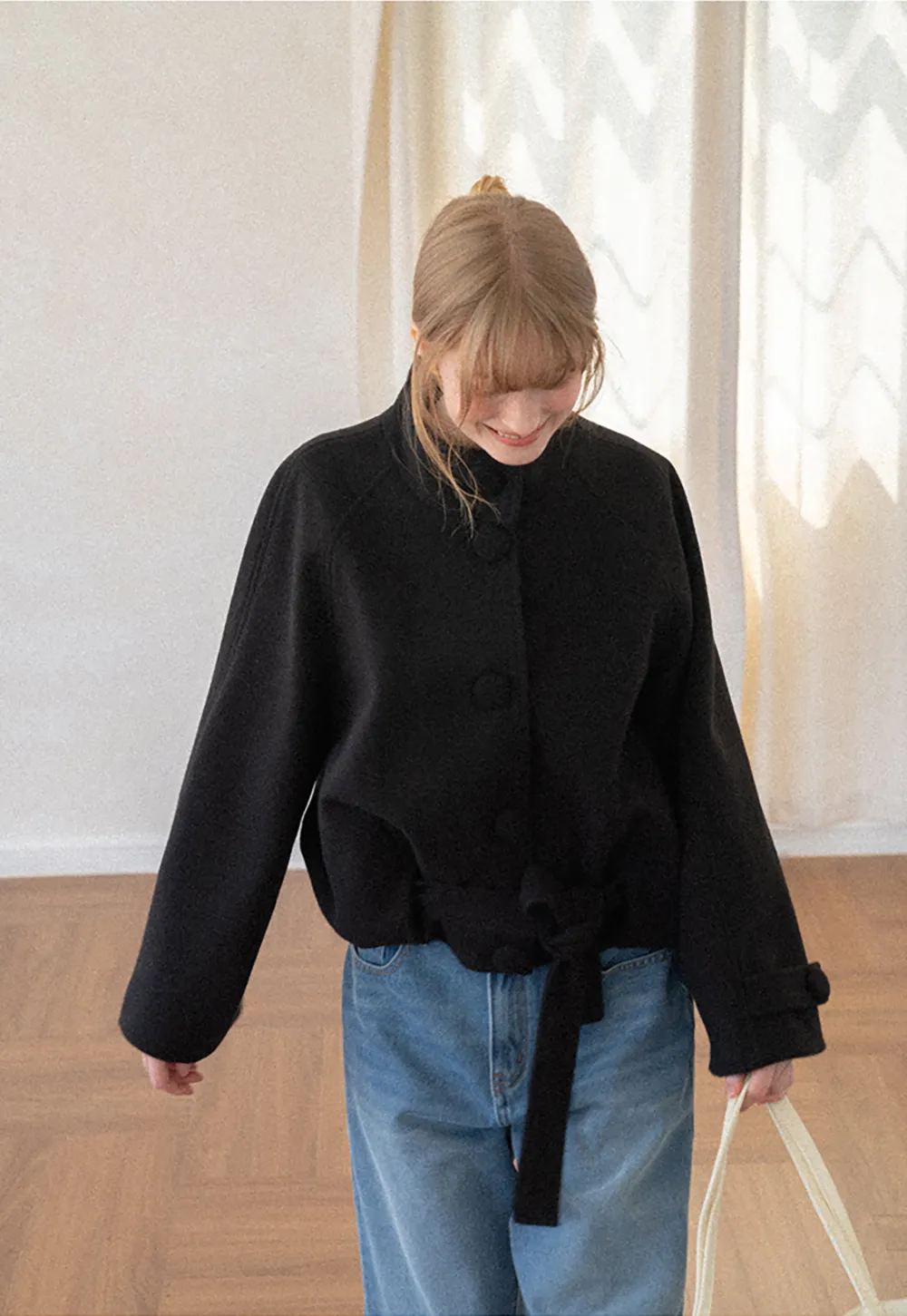 Oversized Wool Coat with Stand Collar and Tie Waist