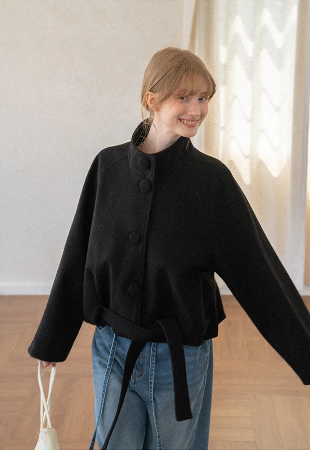 Oversized Wool Coat with Stand Collar and Tie Waist