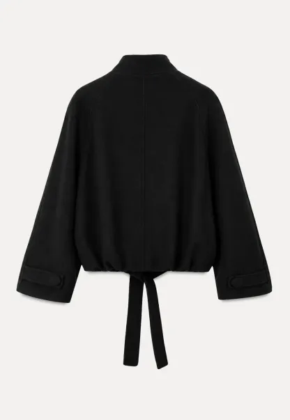 Oversized Wool Coat with Stand Collar and Tie Waist
