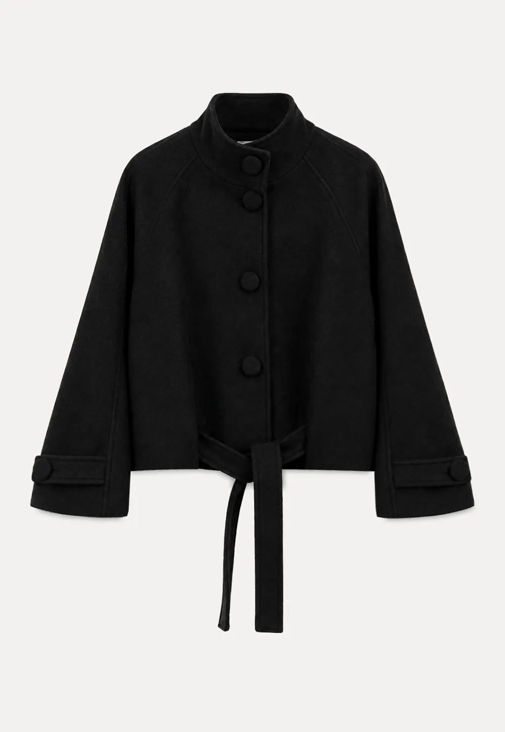 Oversized Wool Coat with Stand Collar and Tie Waist