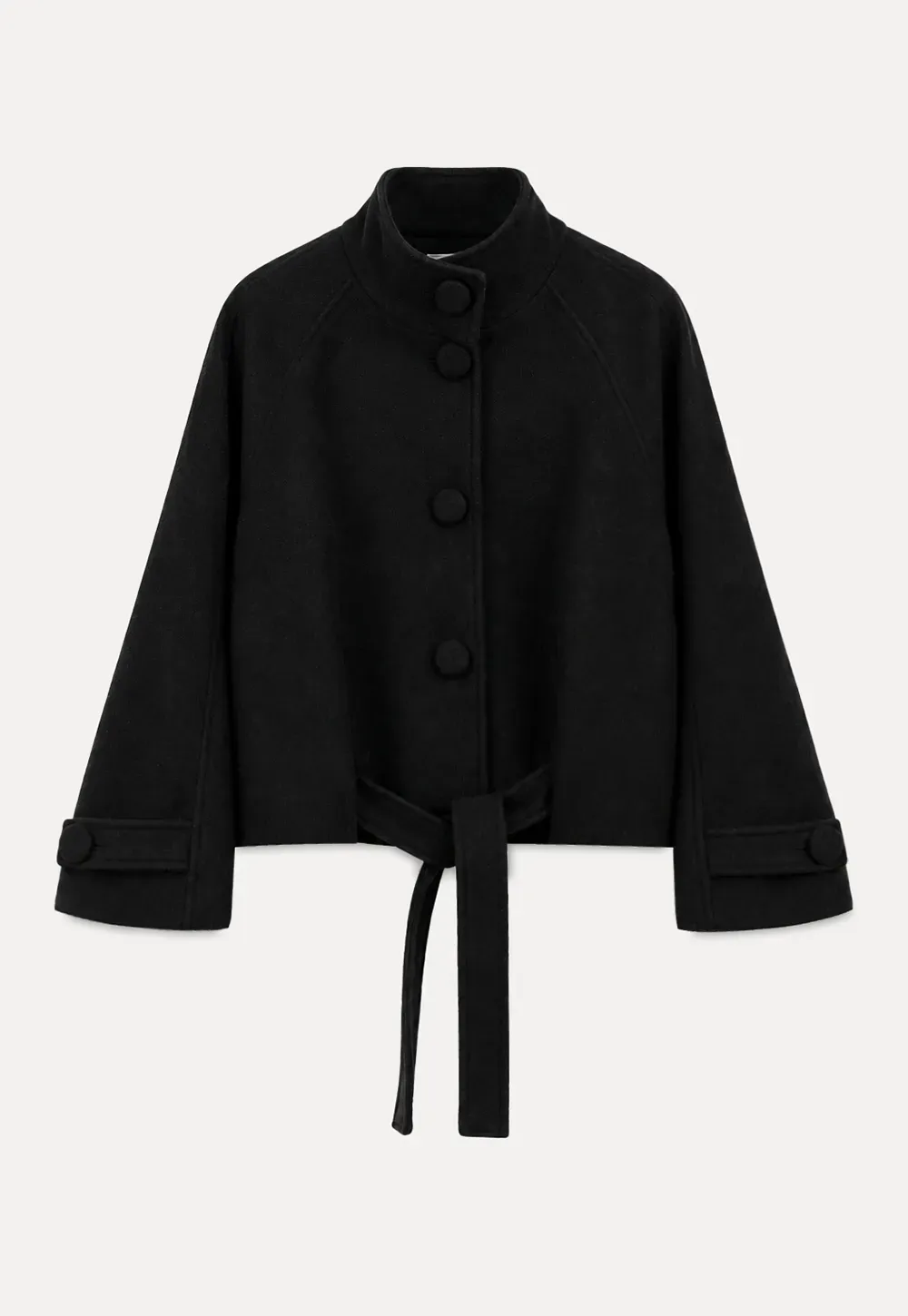 Oversized Wool Coat with Stand Collar and Tie Waist