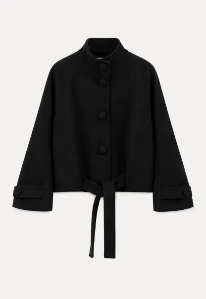 Oversized Wool Coat with Stand Collar and Tie Waist