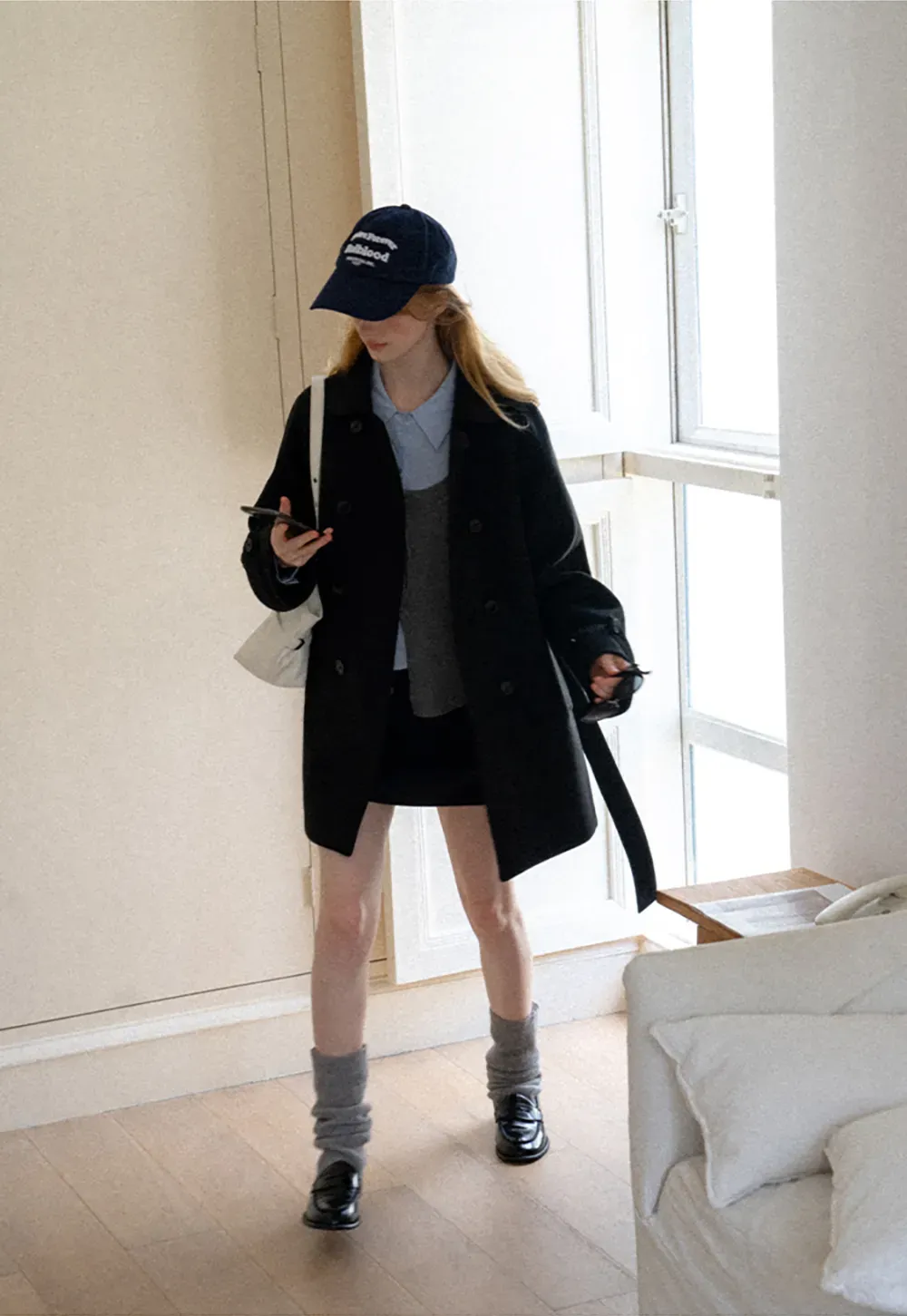 Double Breasted Peaked Collar Wool Coat