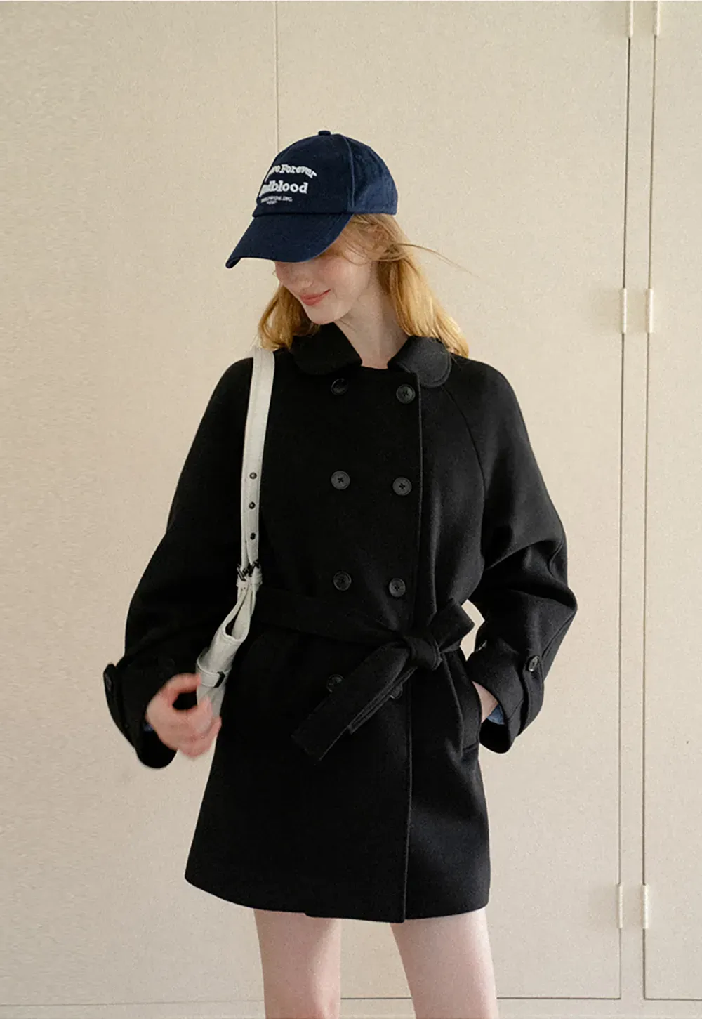 Double Breasted Peaked Collar Wool Coat