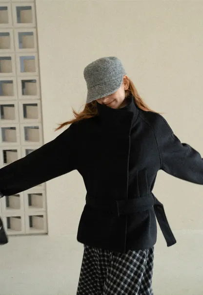 Asymmetrical Lapel Belted Wool Coat