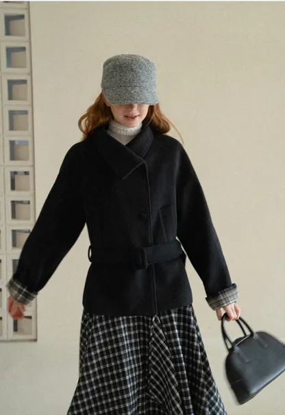 Asymmetrical Lapel Belted Wool Coat