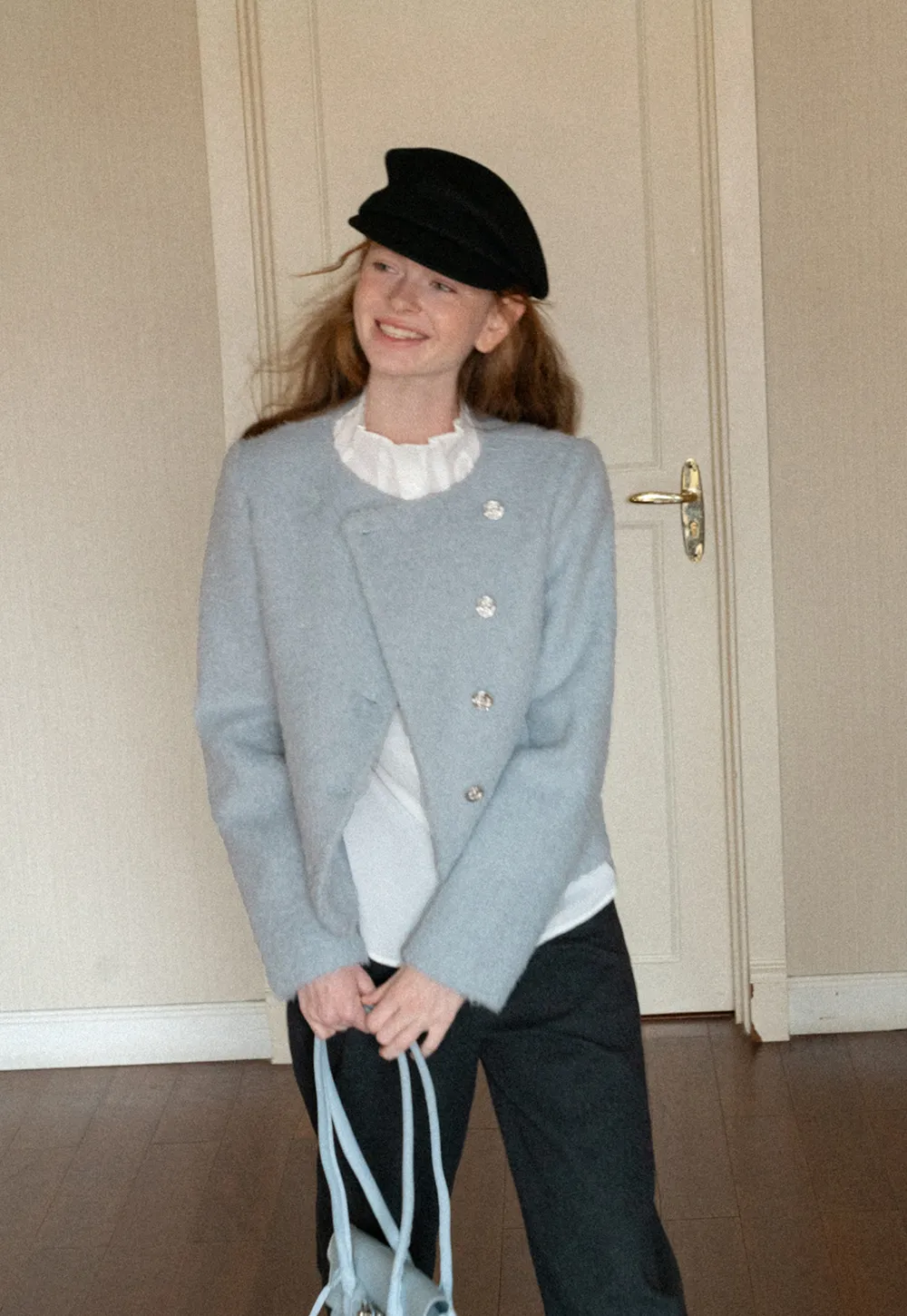 Asymmetrical Lapel Wool Coat with Pearl Buttons