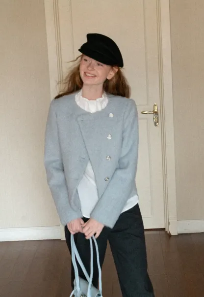 Asymmetrical Lapel Wool Coat with Pearl Buttons
