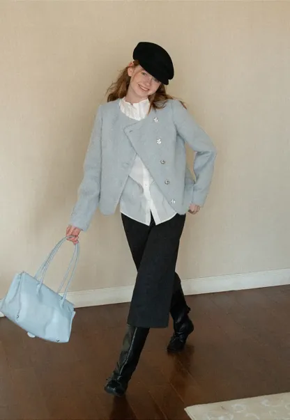 Asymmetrical Lapel Wool Coat with Pearl Buttons
