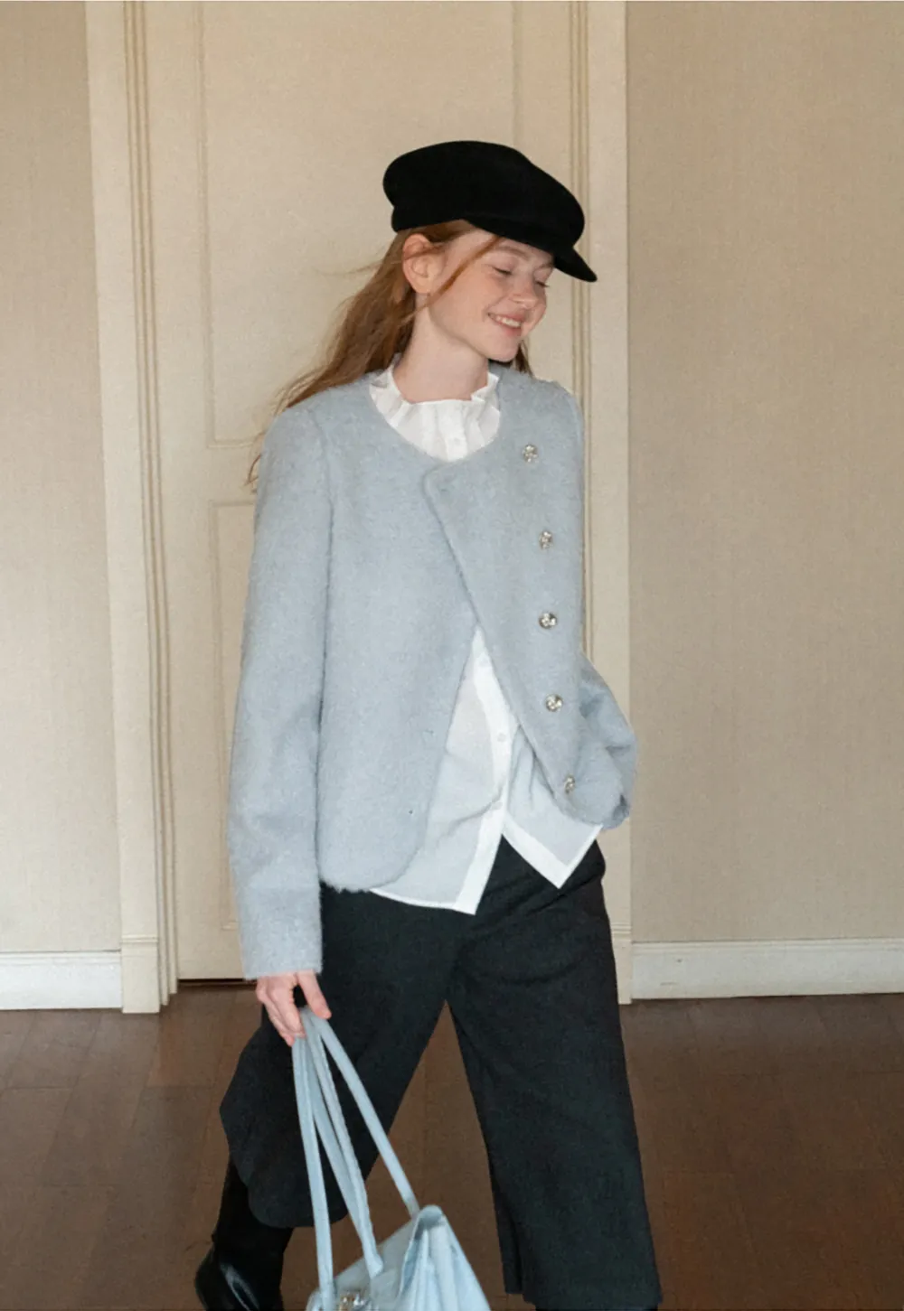 Asymmetrical Lapel Wool Coat with Pearl Buttons