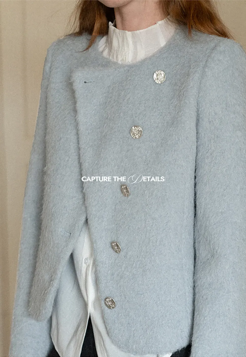 Asymmetrical Lapel Wool Coat with Pearl Buttons