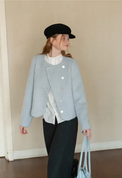 Asymmetrical Lapel Wool Coat with Pearl Buttons